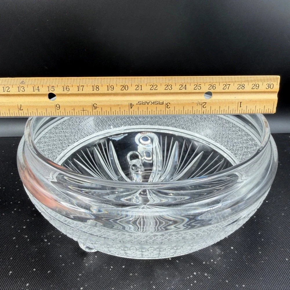 Signed Heavy Clear Crystal‎ Footed Bowl Etched Starburst Pattern Vintage Decor